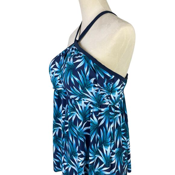 Coastal Blue Plus Tropical Botanical Print Open Back Tankini Swimsuit Top - Picture 5 of 8